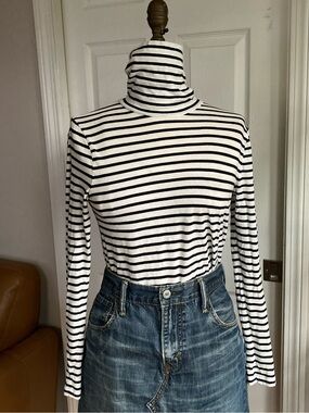 J. Crew Black & White Striped Turtleneck Long-Sleeve Top
